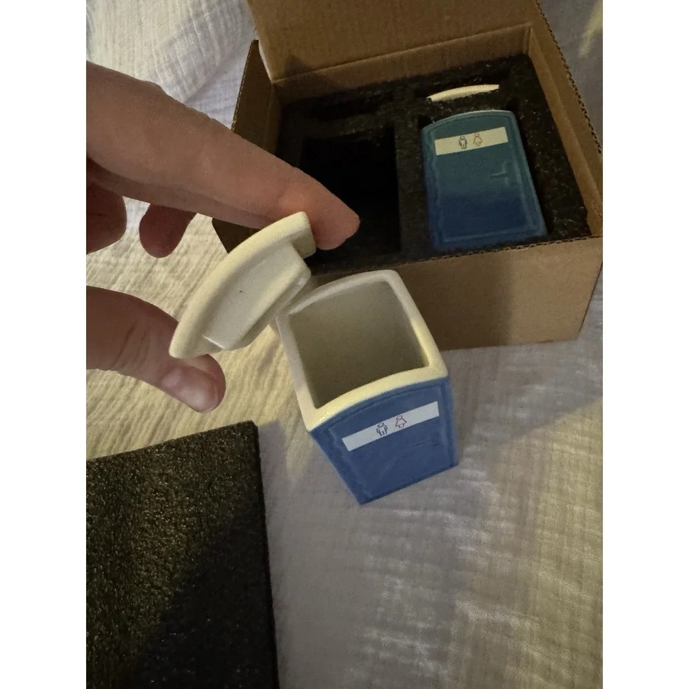 2 Pack Blue & White Porta Potty Novelty Plastic Lidded Shot Glasses Set of 2